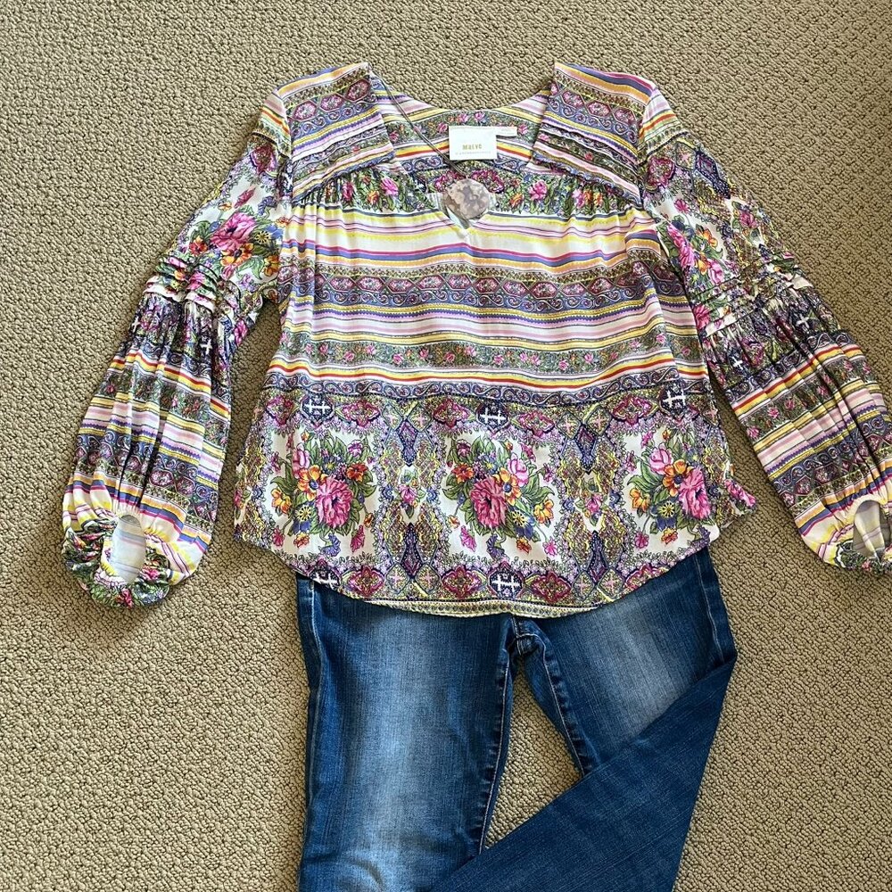 MAEVE by Anthropologie Colorful Ceresco Floral Blouse, Size Medium Petite, EUC